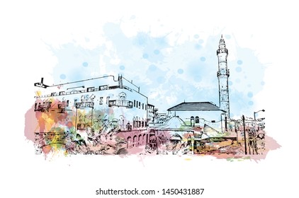 Building view with landmark of Tel Aviv, a city on Israel’s Mediterranean coast. Watercolor splash with Hand drawn sketch illustration in vector.