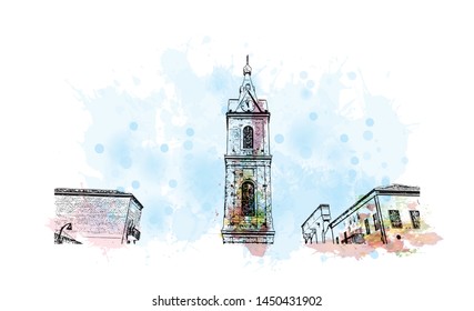 Building view with landmark of Tel Aviv, a city on Israel’s Mediterranean coast. Watercolor splash with Hand drawn sketch illustration in vector.