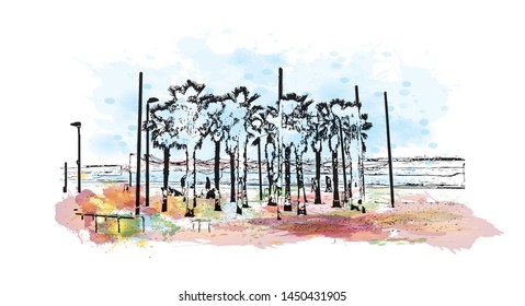 Building view with landmark of Tel Aviv, a city on Israel’s Mediterranean coast. Watercolor splash with Hand drawn sketch illustration in vector.