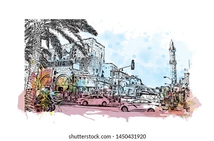 Building view with landmark of Tel Aviv, a city on Israel’s Mediterranean coast. Watercolor splash with Hand drawn sketch illustration in vector.