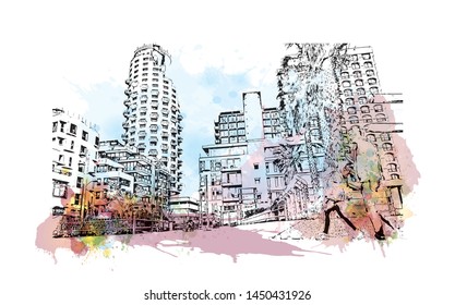 Building view with landmark of Tel Aviv, a city on Israel’s Mediterranean coast. Watercolor splash with Hand drawn sketch illustration in vector.