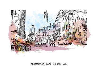 Building view with landmark of Tel Aviv, a city on Israel’s Mediterranean coast. Watercolor splash with Hand drawn sketch illustration in vector.