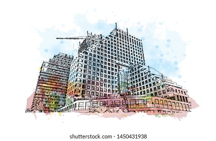 Building view with landmark of Tel Aviv, a city on Israel’s Mediterranean coast. Watercolor splash with Hand drawn sketch illustration in vector.