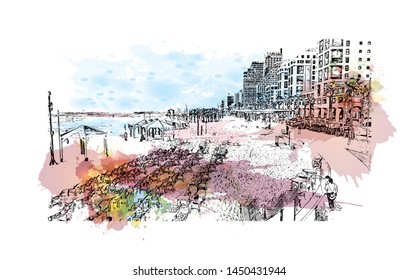 Building view with landmark of Tel Aviv, a city on Israel’s Mediterranean coast. Watercolor splash with Hand drawn sketch illustration in vector.