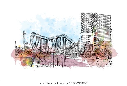 Building view with landmark of Tel Aviv, a city on Israel’s Mediterranean coast. Watercolor splash with Hand drawn sketch illustration in vector.