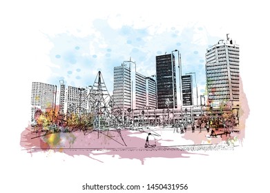 Building view with landmark of Tel Aviv, a city on Israel’s Mediterranean coast. Watercolor splash with Hand drawn sketch illustration in vector.