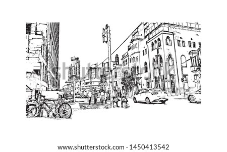 Building view with landmark of Tel Aviv, a city on Israel’s Mediterranean coast. Hand drawn sketch illustration in vector.