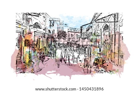 Building view with landmark of Tel Aviv, a city on Israel’s Mediterranean coast. Watercolor splash with Hand drawn sketch illustration in vector.
