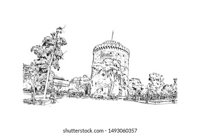 Building view with landmark of Thessaloniki is a Greek port city on the Thermaic Gulf of the Aegean Sea. Hand drawn sketch illustration in vector.