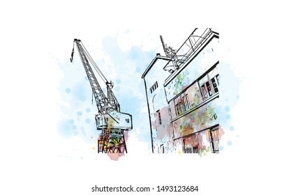 Building view with landmark of Thessaloniki is a Greek port city on the Thermaic Gulf of the Aegean Sea. Watercolor splash with Hand drawn sketch illustration in vector.