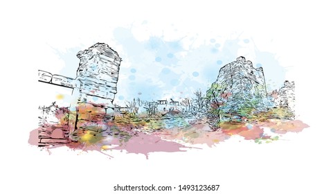 Building view with landmark of Thessaloniki is a Greek port city on the Thermaic Gulf of the Aegean Sea. Watercolor splash with Hand drawn sketch illustration in vector.