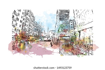 Building view with landmark of Thessaloniki is a Greek port city on the Thermaic Gulf of the Aegean Sea. Watercolor splash with Hand drawn sketch illustration in vector.