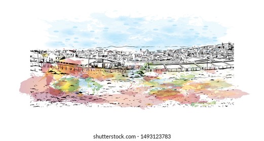 Building view with landmark of Thessaloniki is a Greek port city on the Thermaic Gulf of the Aegean Sea. Watercolor splash with Hand drawn sketch illustration in vector.