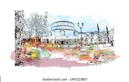 Building view with landmark of Thessaloniki is a Greek port city on the Thermaic Gulf of the Aegean Sea. Watercolor splash with Hand drawn sketch illustration in vector.