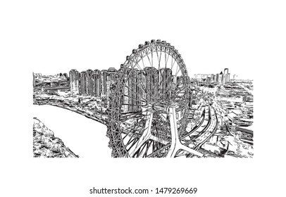 Building view with landmark of Tianjin is a major port city in northeastern China. Hand drawn sketch illustration in vector.