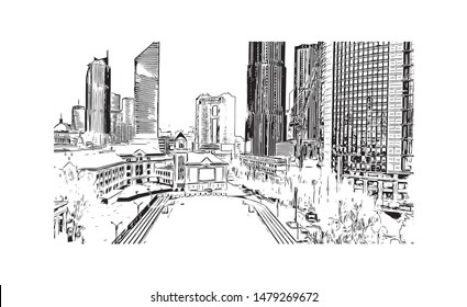 Building view with landmark of Tianjin is a major port city in northeastern China. Hand drawn sketch illustration in vector.