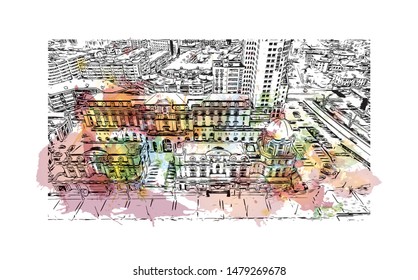 Building view with landmark of Tianjin is a major port city in northeastern China. Watercolor splash with Hand drawn sketch illustration in vector.