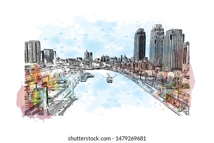 Building view with landmark of Tianjin is a major port city in northeastern China. Watercolor splash with Hand drawn sketch illustration in vector.