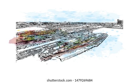 Building view with landmark of Tianjin is a major port city in northeastern China. Watercolor splash with Hand drawn sketch illustration in vector.