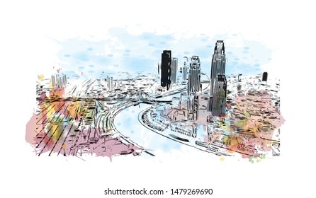 Building view with landmark of Tianjin is a major port city in northeastern China. Watercolor splash with Hand drawn sketch illustration in vector.