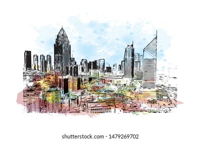 Building view with landmark of Tianjin is a major port city in northeastern China. Watercolor splash with Hand drawn sketch illustration in vector.