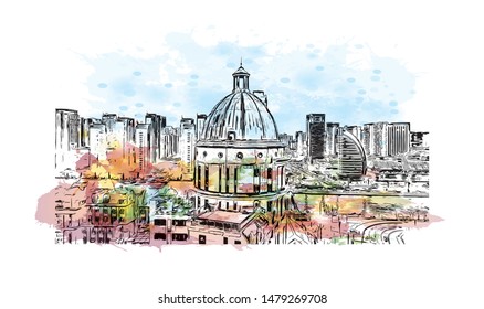Building view with landmark of Tianjin is a major port city in northeastern China. Watercolor splash with Hand drawn sketch illustration in vector.