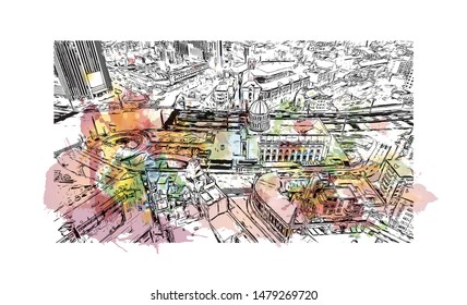Building view with landmark of Tianjin is a major port city in northeastern China. Watercolor splash with Hand drawn sketch illustration in vector.