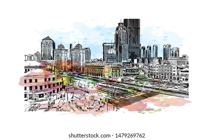 Building view with landmark of Tianjin is a major port city in northeastern China. Watercolor splash with Hand drawn sketch illustration in vector.