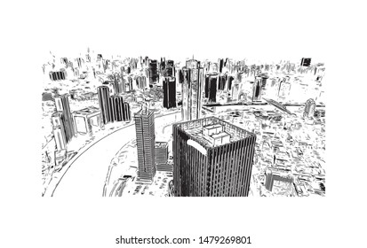Building view with landmark of Tianjin is a major port city in northeastern China. Hand drawn sketch illustration in vector.