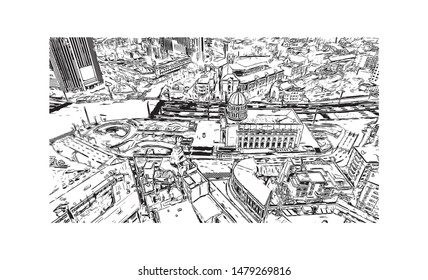 Building view with landmark of Tianjin is a major port city in northeastern China. Hand drawn sketch illustration in vector.