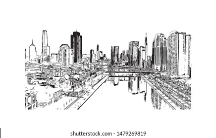 Building view with landmark of Tianjin is a major port city in northeastern China. Hand drawn sketch illustration in vector.