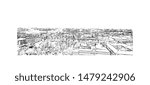 Building view with landmark of Timisoara is a city in western Romania, known for Secessionist architecture. Hand drawn sketch illustration in vector.