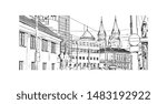 Building view with landmark of Timisoara is a city in western Romania, known for Secessionist architecture. Hand drawn sketch illustration in vector.
