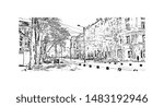 Building view with landmark of Timisoara is a city in western Romania, known for Secessionist architecture. Hand drawn sketch illustration in vector.