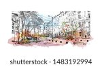 Building view with landmark of Timisoara is a city in western Romania, known for Secessionist architecture. Watercolor splash with Hand drawn sketch illustration in vector.