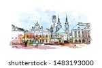 Building view with landmark of Timisoara is a city in western Romania, known for Secessionist architecture. Watercolor splash with Hand drawn sketch illustration in vector.