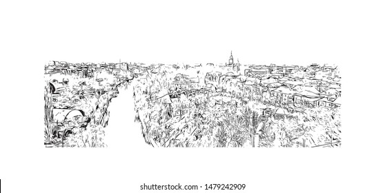 Building view with landmark of Timisoara is a city in western Romania, known for Secessionist architecture. Hand drawn sketch illustration in vector.