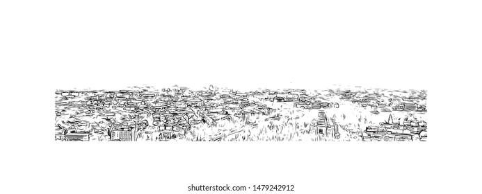Building view with landmark of Timisoara is a city in western Romania, known for Secessionist architecture. Hand drawn sketch illustration in vector.