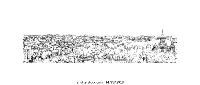 Building view with landmark of Timisoara is a city in western Romania, known for Secessionist architecture. Hand drawn sketch illustration in vector.
