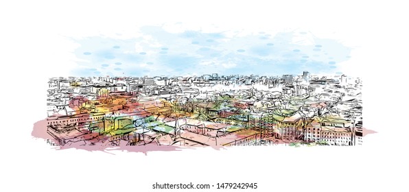 Building view with landmark of Timisoara is a city in western Romania, known for Secessionist architecture. Watercolor splash with Hand drawn sketch illustration in vector.