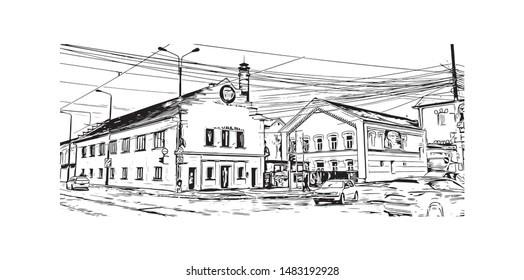 Building view with landmark of Timisoara is a city in western Romania, known for Secessionist architecture. Hand drawn sketch illustration in vector.