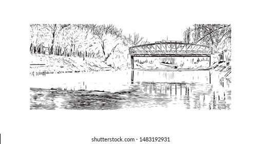 Building view with landmark of Timisoara is a city in western Romania, known for Secessionist architecture. Hand drawn sketch illustration in vector.