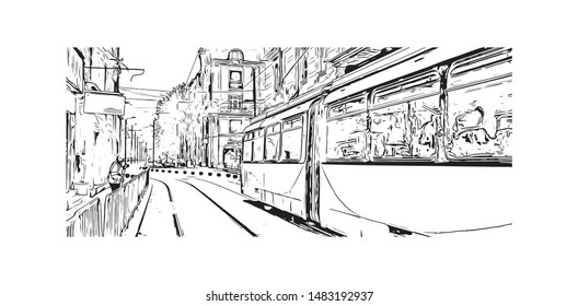 Building view with landmark of Timisoara is a city in western Romania, known for Secessionist architecture. Hand drawn sketch illustration in vector.