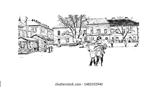 Building view with landmark of Timisoara is a city in western Romania, known for Secessionist architecture. Hand drawn sketch illustration in vector.