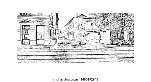Building view with landmark of Timisoara is a city in western Romania, known for Secessionist architecture. Hand drawn sketch illustration in vector.