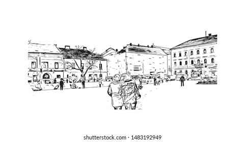 Building view with landmark of Timisoara is a city in western Romania, known for Secessionist architecture. Hand drawn sketch illustration in vector.