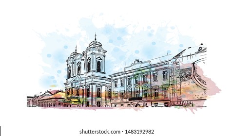 Building view with landmark of Timisoara is a city in western Romania, known for Secessionist architecture. Watercolor splash with Hand drawn sketch illustration in vector.