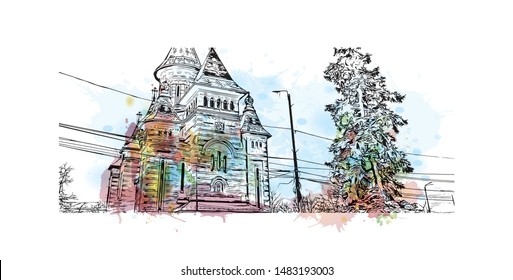 Building view with landmark of Timisoara is a city in western Romania, known for Secessionist architecture. Watercolor splash with Hand drawn sketch illustration in vector.