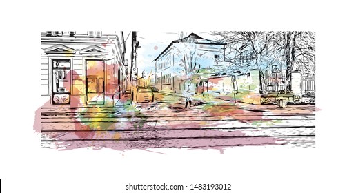 Building view with landmark of Timisoara is a city in western Romania, known for Secessionist architecture. Watercolor splash with Hand drawn sketch illustration in vector.