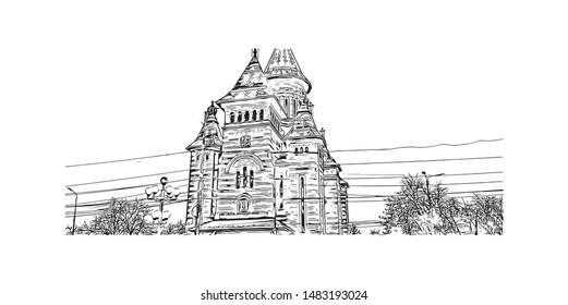 Building view with landmark of Timisoara is a city in western Romania, known for Secessionist architecture. Hand drawn sketch illustration in vector.